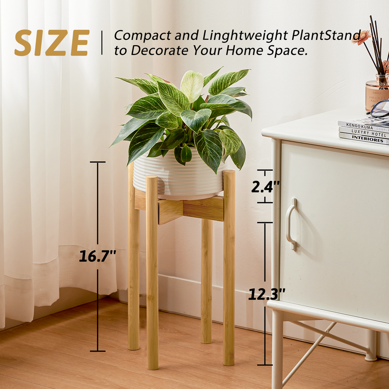 Bamworld Adjustable Plant Stand Indoor, Bamboo Plant Stand Fits 8 9 10 11 12 Inches, Single Floor Plant Stands for Living Room Balcony, Natural