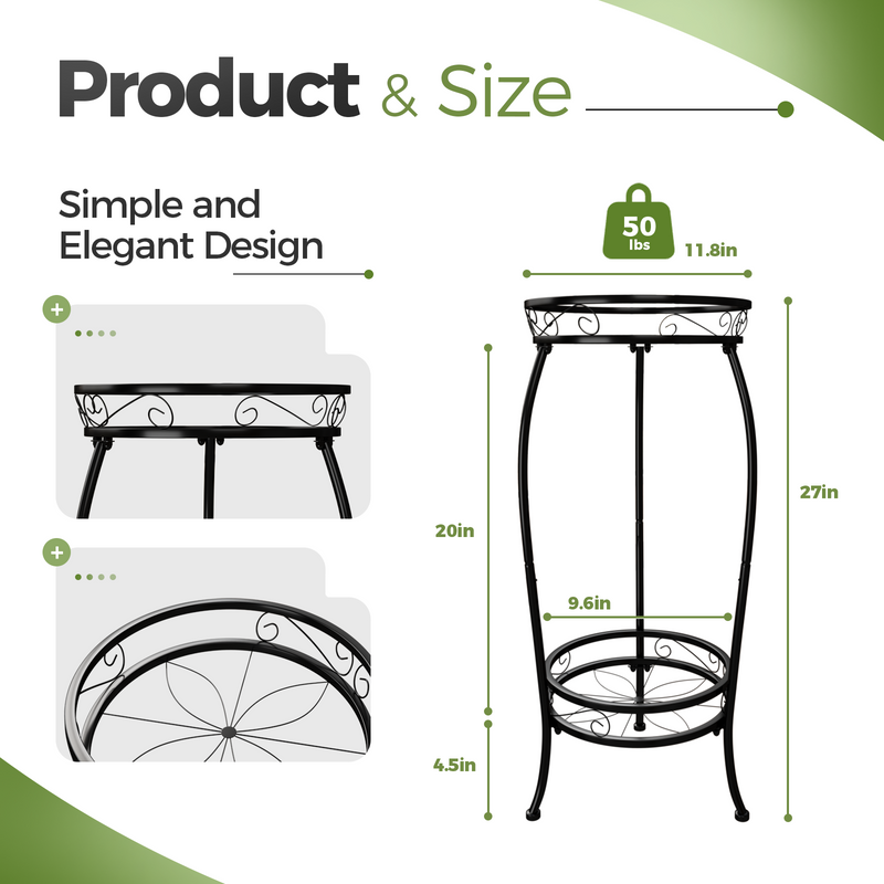 Bamworld Plant Stand Indoor Outdoor,Tall Black Metal Rustproof Stable Plant Stands,2 Tier 27.1 inch Multiple Plant Rack Holder Rack Flower Pot Stand Heavy Duty Plant Shelf