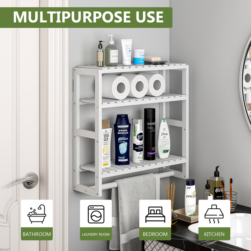 Bathroom Storage Shelves Organizer Adjustable 3 Tiers, Over the Toilet Storage Floating Shelves for Wall Mounted with Hanging Rod (White)