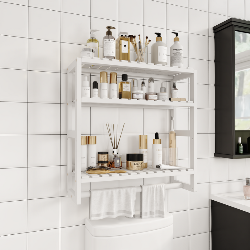 Bathroom Storage Shelves Organizer Adjustable 3 Tiers, Over the Toilet Storage Floating Shelves for Wall Mounted with Hanging Rod (White)
