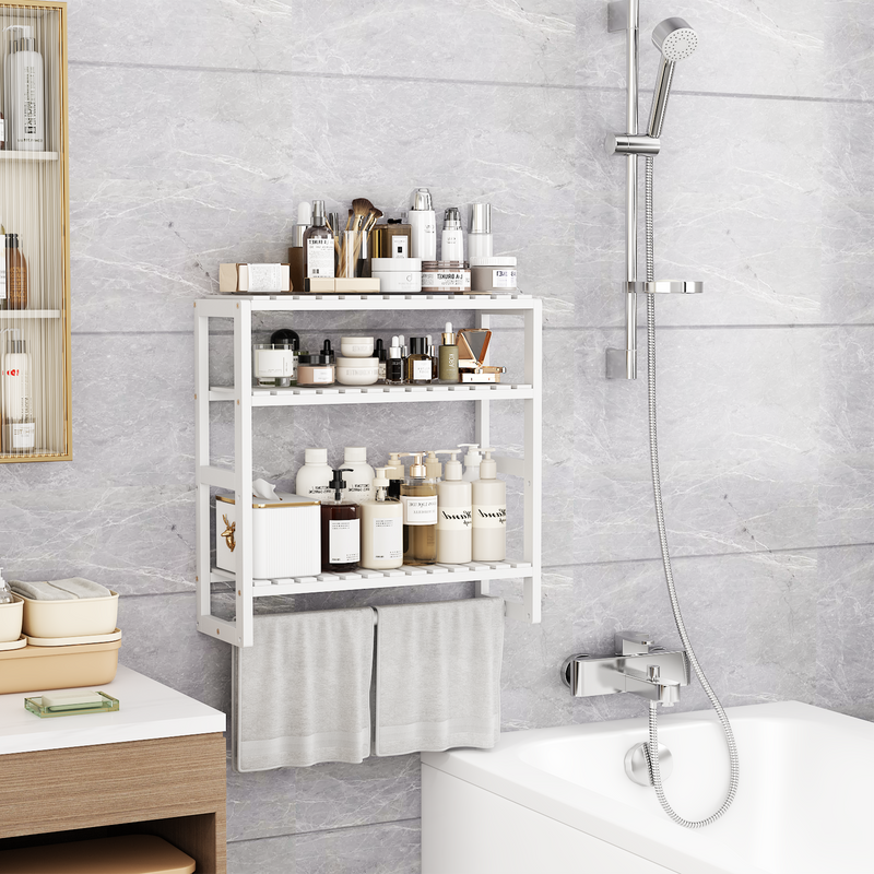 Bathroom Storage Shelves Organizer Adjustable 3 Tiers, Over the Toilet Storage Floating Shelves for Wall Mounted with Hanging Rod (White)