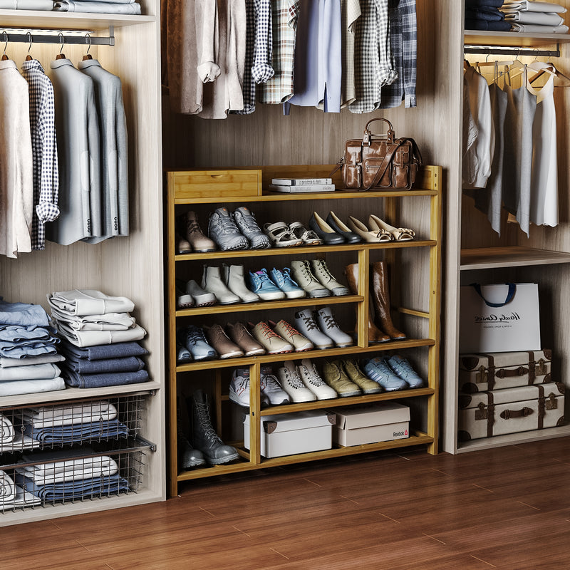 Bamworld Shoes Rack Shelf Organizer Entryway 5 Tier Bamboo for 24 Pair Boots Footwear Book Flowerpots with Storage Box