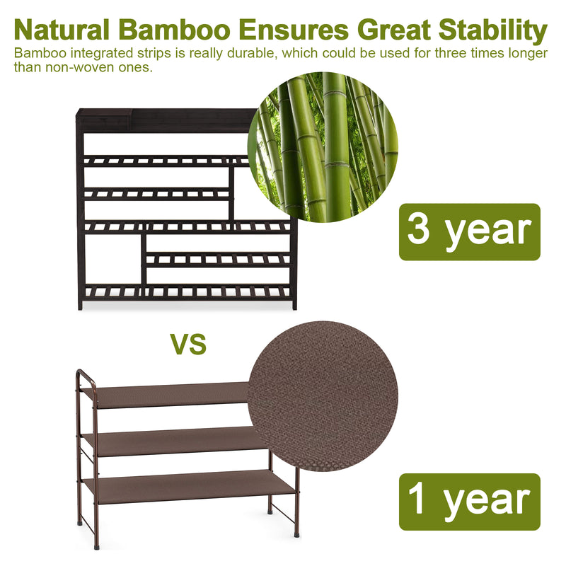 Bamworld Shoes Rack Shelf Organizer Entryway 5 Tier Bamboo for 24 Pair Boots Footwear Book Flowerpots with Storage Box