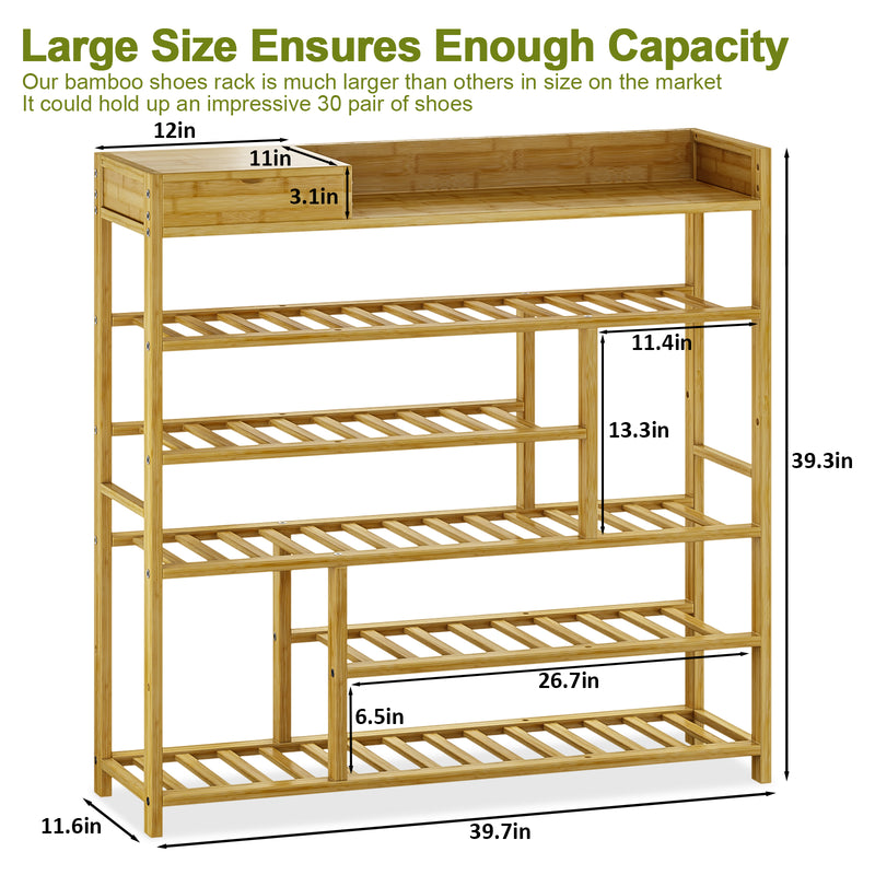 Bamworld Shoes Rack Shelf Organizer Entryway 5 Tier Bamboo for 24 Pair Boots Footwear Book Flowerpots with Storage Box