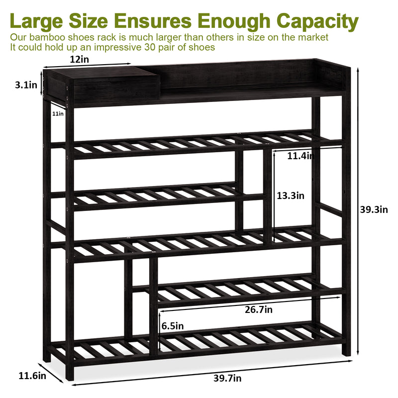 Bamworld Shoes Rack Shelf Organizer Entryway 5 Tier Bamboo for 24 Pair Boots Footwear Book Flowerpots with Storage Box