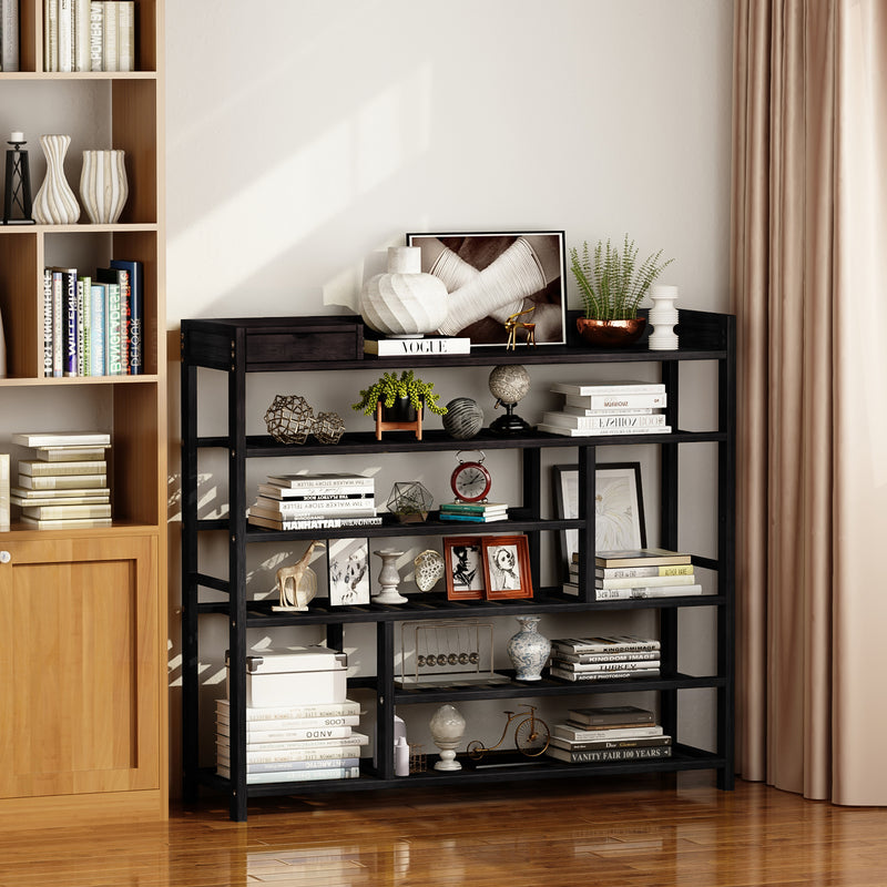 Bamworld Shoes Rack Shelf Organizer Entryway 5 Tier Bamboo for 24 Pair Boots Footwear Book Flowerpots with Storage Box