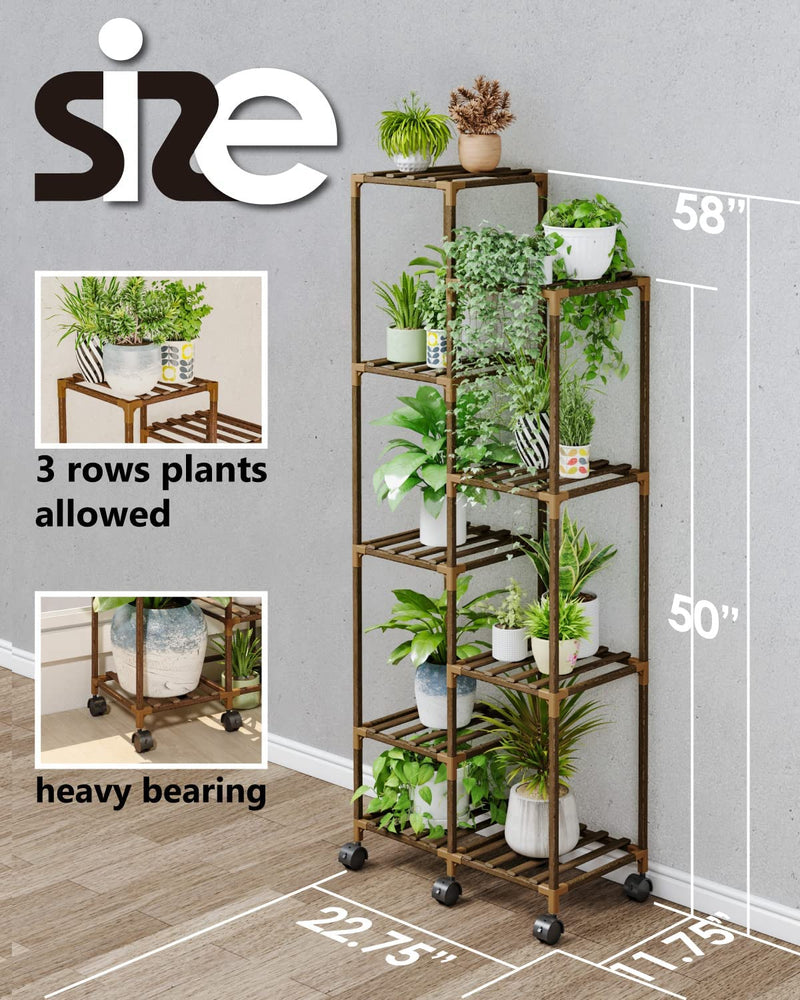 Bamworld Plant Stand with Wheels for Tall Flower Shelf (9 pots WW)
