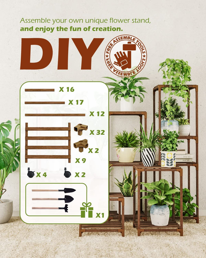 Bamworld Plant Stand with Wheels for Tall Flower Shelf (9 pots WW)