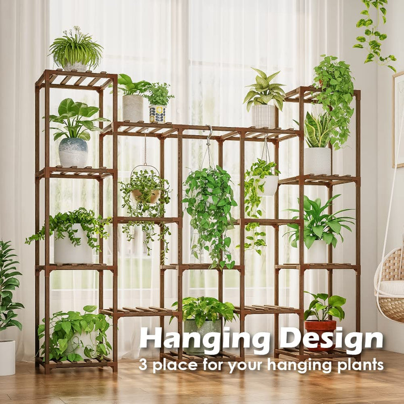 Bamworld Large Plant Stand Indoor Tall Plant Shelf Outdoor Hanging Plant Stand 14 Pots Large Plant Rack for Living Room Patio, Balcony and Garden