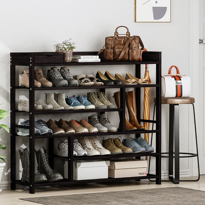 Bamworld Shoes Rack Shelf Organizer Entryway 5 Tier Bamboo for 24 Pair Boots Footwear Book Flowerpots with Storage Box