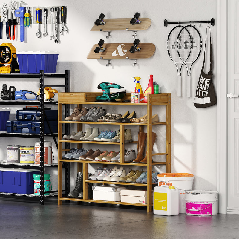 Bamworld Shoes Rack Shelf Organizer Entryway 5 Tier Bamboo for 24 Pair Boots Footwear Book Flowerpots with Storage Box