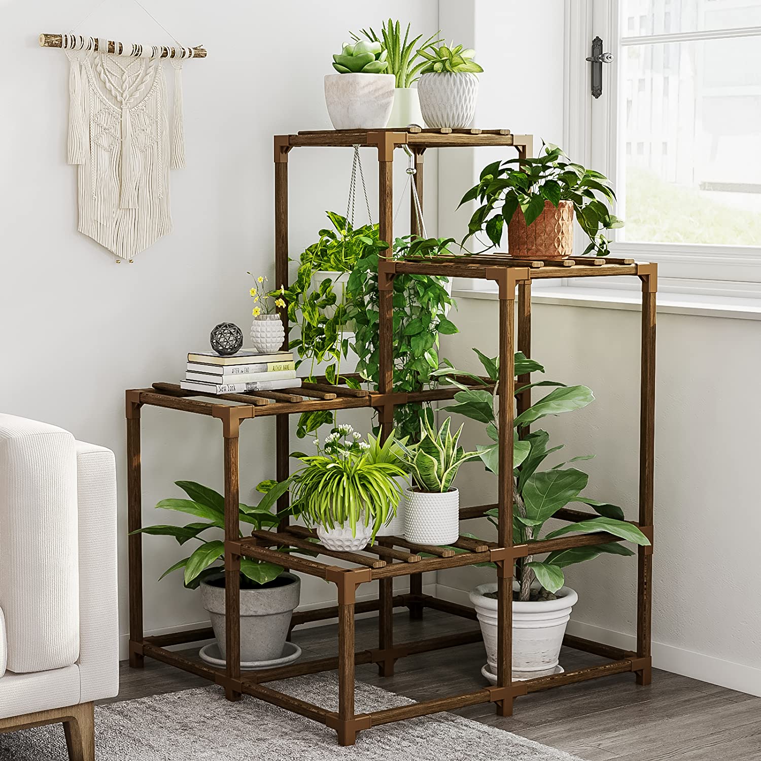 hanging plant for corner of room Bamworld Corner Plant Stand Indoor Outdoor Corner Plant Shelf Tall Woo