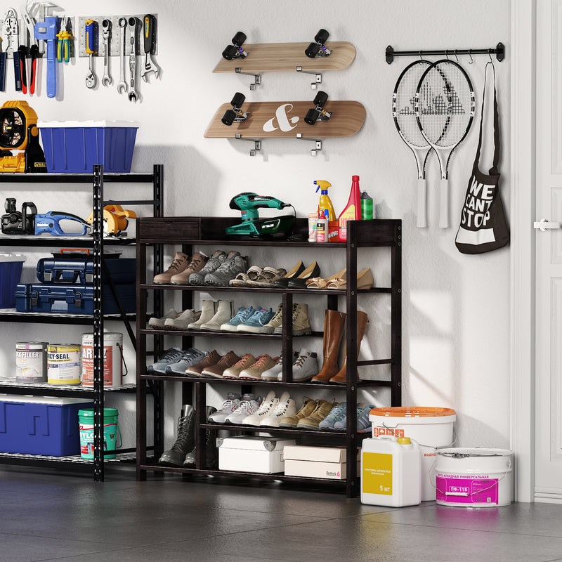 Bamworld Shoes Rack Shelf Organizer Entryway 5 Tier Bamboo for 24 Pair Boots Footwear Book Flowerpots with Storage Box