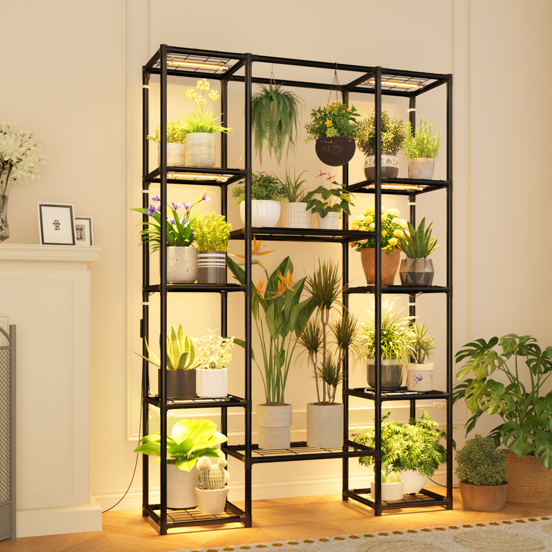 Plant Stand Indoor with Grow Lights Large Plant Shelf Outdoor New Plant Holder Metal Flower Stand Waterproof Black for Multiple Plants Hanging for Living Room Patio Balcony Garden