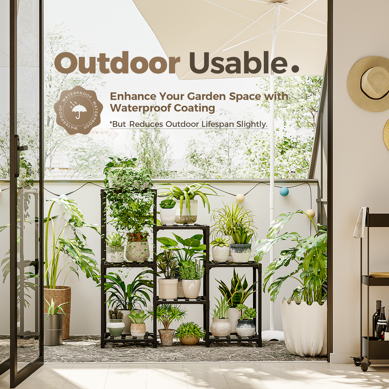 Bamworld 40” x 32” x 10” 3-Tier Black Metal Plant Stand with Strong Load-Bearing