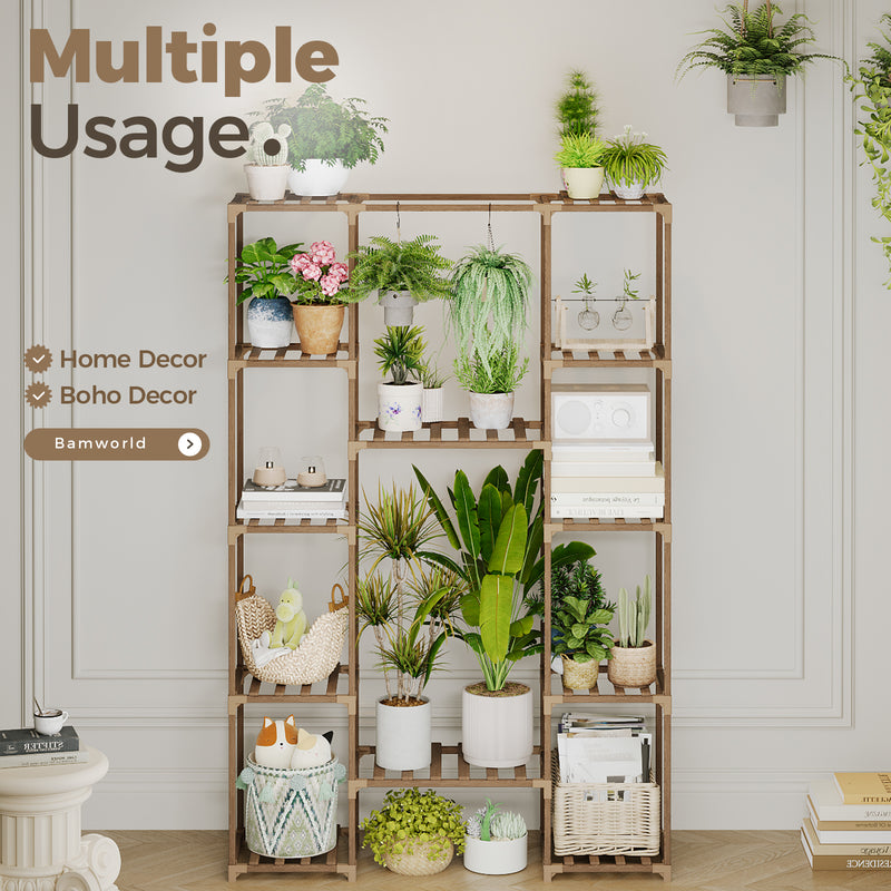 Bamworld Wood Plant Stand Indoor Outdoor, 62.2" Tall Flower Shelf Tiered Plant Stands for Multiple Plants Large Planter Holder Hanging Shelves Rack for Living Room Garden Balcony