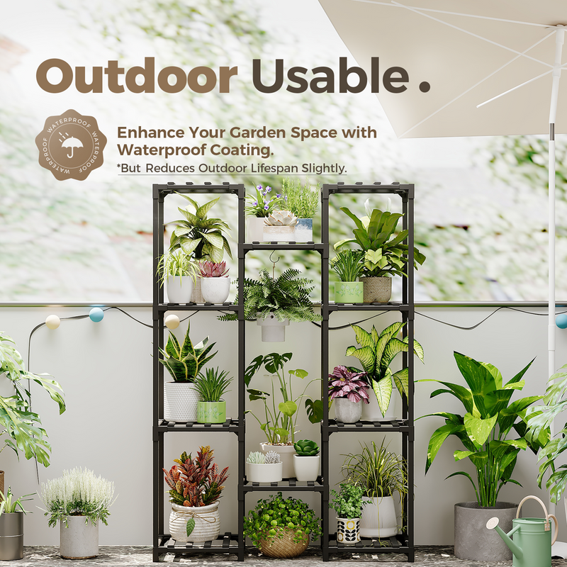 Bamworld Plant Stand Outdoor Black Tall Plant Shelf Indoor Tiered Plant Table for Multiple Plants 11 Pots Large Plant Rack Wood Plant Table for Window Garden Balcony Living Room