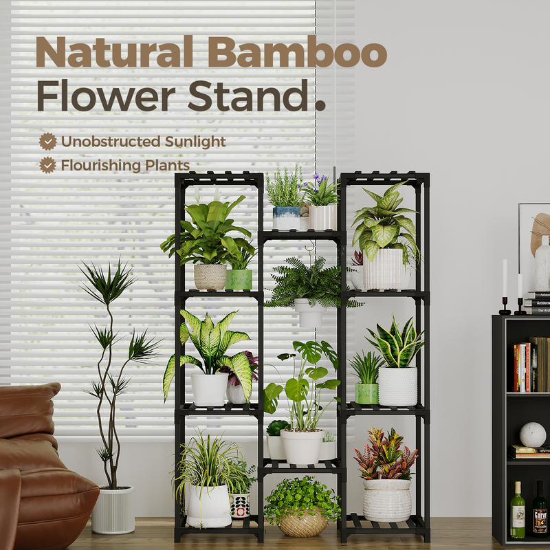 Bamworld Plant Stand Outdoor Black Tall Plant Shelf Indoor Tiered Plant Table for Multiple Plants 11 Pots Large Plant Rack Wood Plant Table for Window Garden Balcony Living Room