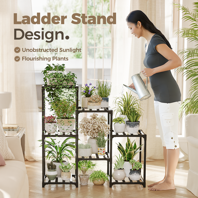 Bamworld 40” x 32” x 10” 3-Tier Black Metal Plant Stand with Strong Load-Bearing