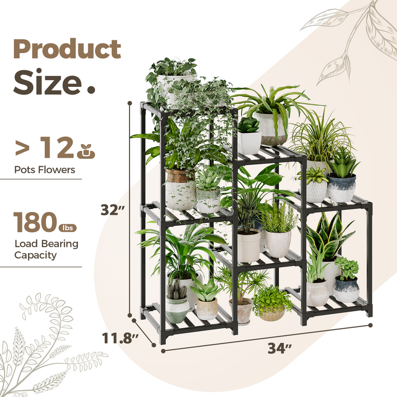 Bamworld 40” x 32” x 10” 3-Tier Black Metal Plant Stand with Strong Load-Bearing
