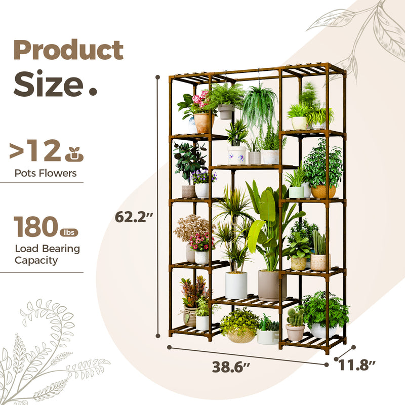 Bamworld Wood Plant Stand Indoor Outdoor, 62.2" Tall Flower Shelf Tiered Plant Stands for Multiple Plants Large Planter Holder Hanging Shelves Rack for Living Room Garden Balcony