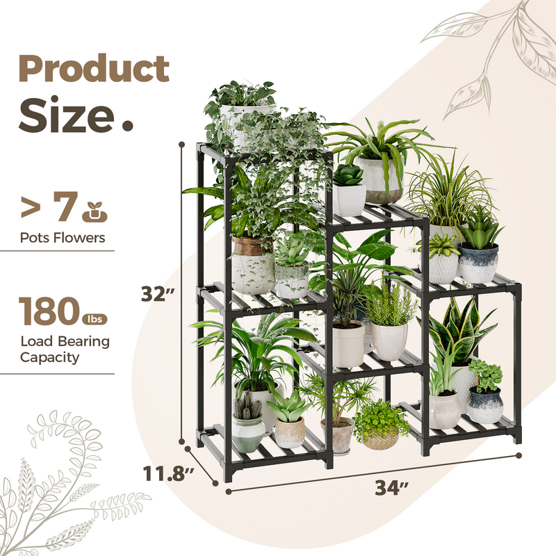 Bamworld 40” x 32” x 10” 3-Tier Black Metal Plant Stand with Strong Load-Bearing