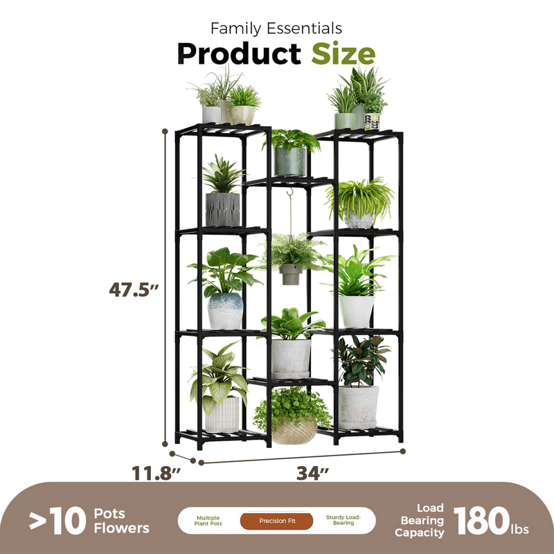 Bamworld Plant Stand Outdoor Black Tall Plant Shelf Indoor Tiered Plant Table for Multiple Plants 11 Pots Large Plant Rack Wood Plant Table for Window Garden Balcony Living Room