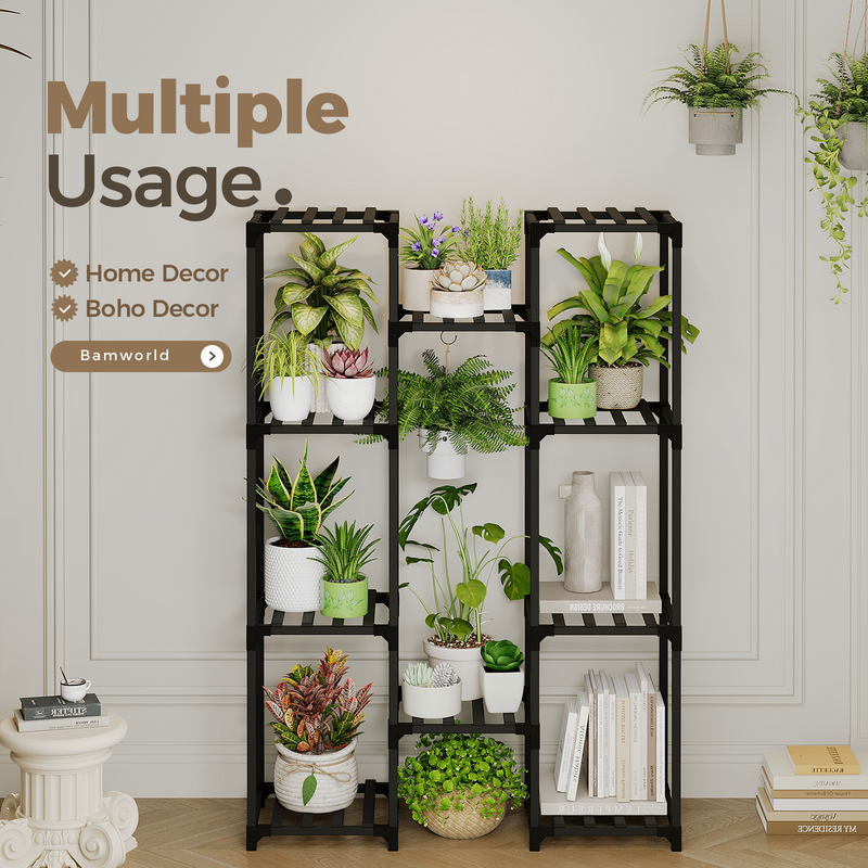 Bamworld Plant Stand Outdoor Black Tall Plant Shelf Indoor Tiered Plant Table for Multiple Plants 11 Pots Large Plant Rack Wood Plant Table for Window Garden Balcony Living Room