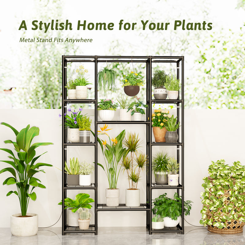 Plant Stand Indoor with Grow Lights Large Plant Shelf Outdoor New Plant Holder Metal Flower Stand Waterproof Black for Multiple Plants Hanging for Living Room Patio Balcony Garden
