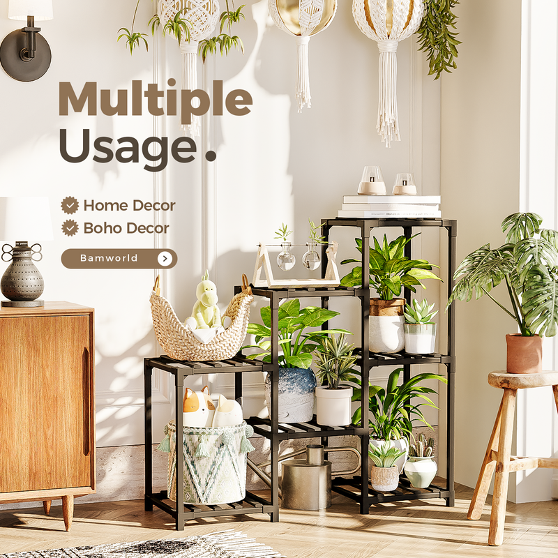 Bamworld 40” x 32” x 10” 3-Tier Black Metal Plant Stand with Strong Load-Bearing