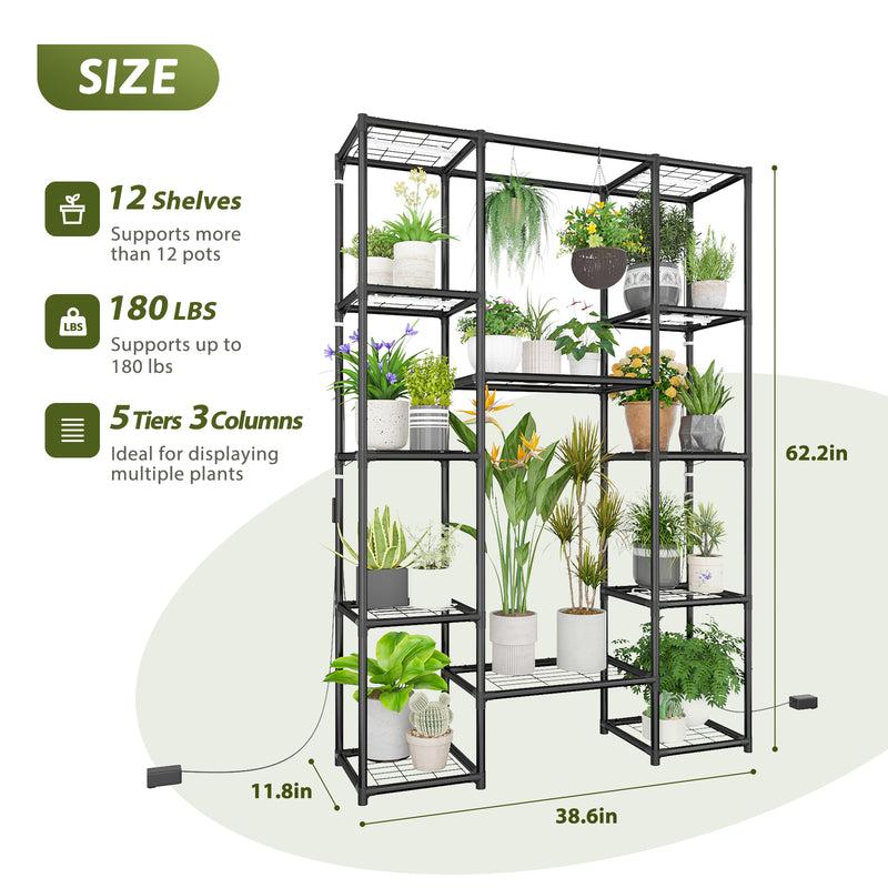 Plant Stand Indoor with Grow Lights Large Plant Shelf Outdoor New Plant Holder Metal Flower Stand Waterproof Black for Multiple Plants Hanging for Living Room Patio Balcony Garden