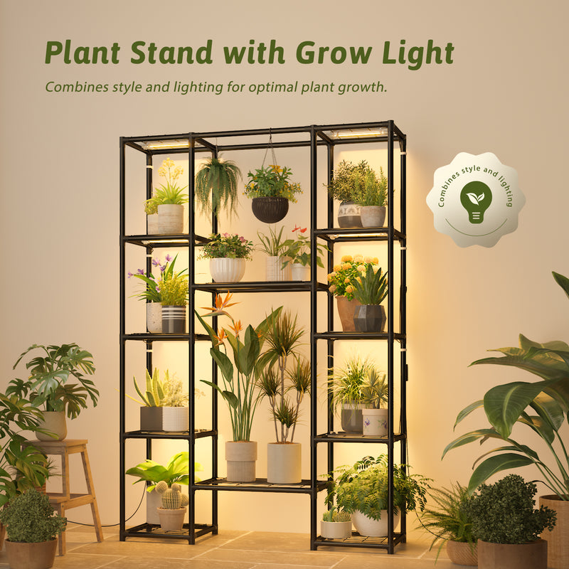 Plant Stand Indoor with Grow Lights Large Plant Shelf Outdoor New Plant Holder Metal Flower Stand Waterproof Black for Multiple Plants Hanging for Living Room Patio Balcony Garden