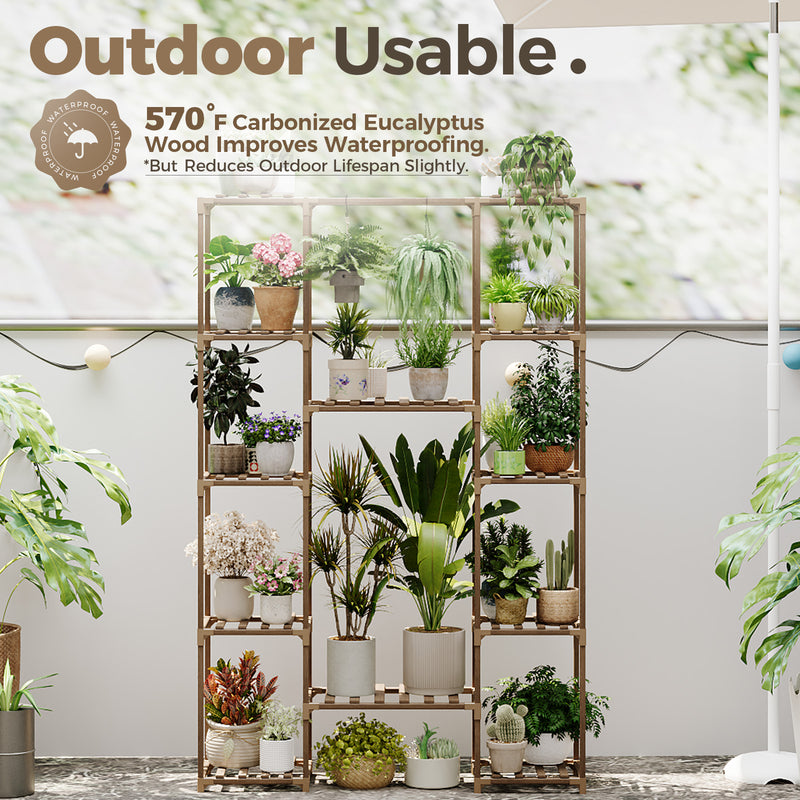 Bamworld Wood Plant Stand Indoor Outdoor, 62.2" Tall Flower Shelf Tiered Plant Stands for Multiple Plants Large Planter Holder Hanging Shelves Rack for Living Room Garden Balcony