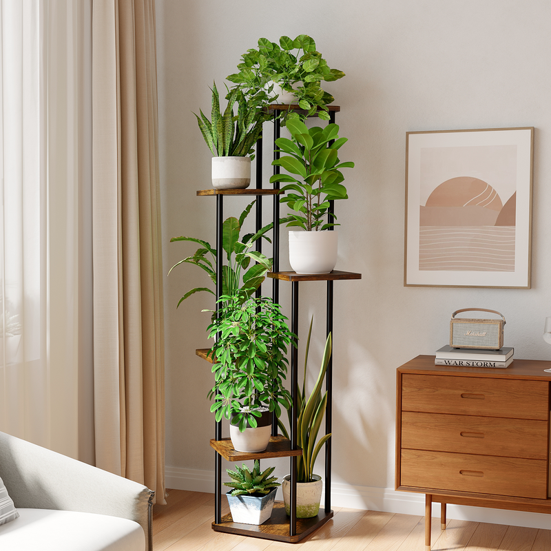 Bamworld Tall Plant Stand Indoor, 6 Tier Metal Plant Shelf for Multiple Plants, Corner Tiered Flower Stand for Patio Garden Balcony Living Room Bedroom(Brown)