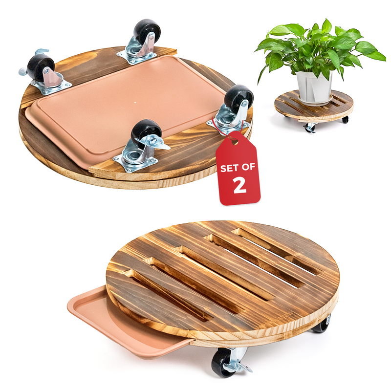Bamworld Rolling Plant Stands with Wheels Plant Caddy with Wheels Planter Stand 12 Inch Pot Stand 2 Pack Plant Dolly with Drainage Tray Durable Wooden Design for Indoor Outdoor