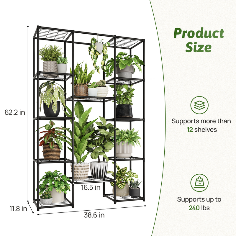 Plant Stand Metal Outdoor Indoor Tall Large Plant Shelf Hanging Plant Stand Waterproof Black Plant Rack Flower Holder for Living Room Patio Balcony Garden