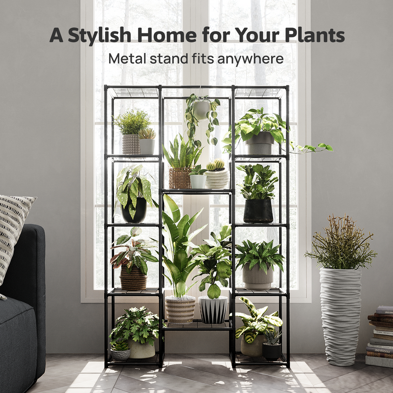 Plant Stand Metal Outdoor Indoor Tall Large Plant Shelf Hanging Plant Stand Waterproof Black Plant Rack Flower Holder for Living Room Patio Balcony Garden