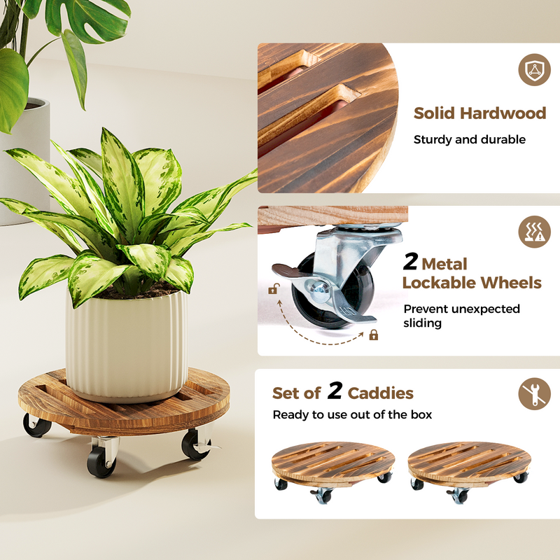 Bamworld Rolling Plant Stands with Wheels Plant Caddy with Wheels Planter Stand 12 Inch Pot Stand 2 Pack Plant Dolly with Drainage Tray Durable Wooden Design for Indoor Outdoor