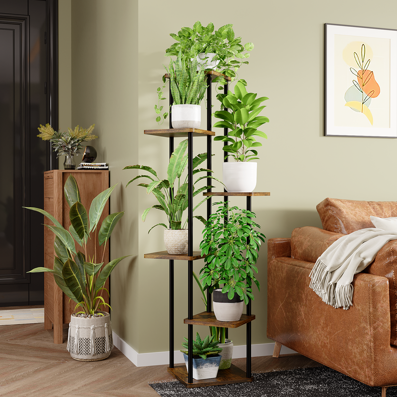 Bamworld Tall Plant Stand Indoor, 6 Tier Metal Plant Shelf for Multiple Plants, Corner Tiered Flower Stand for Patio Garden Balcony Living Room Bedroom(Brown)