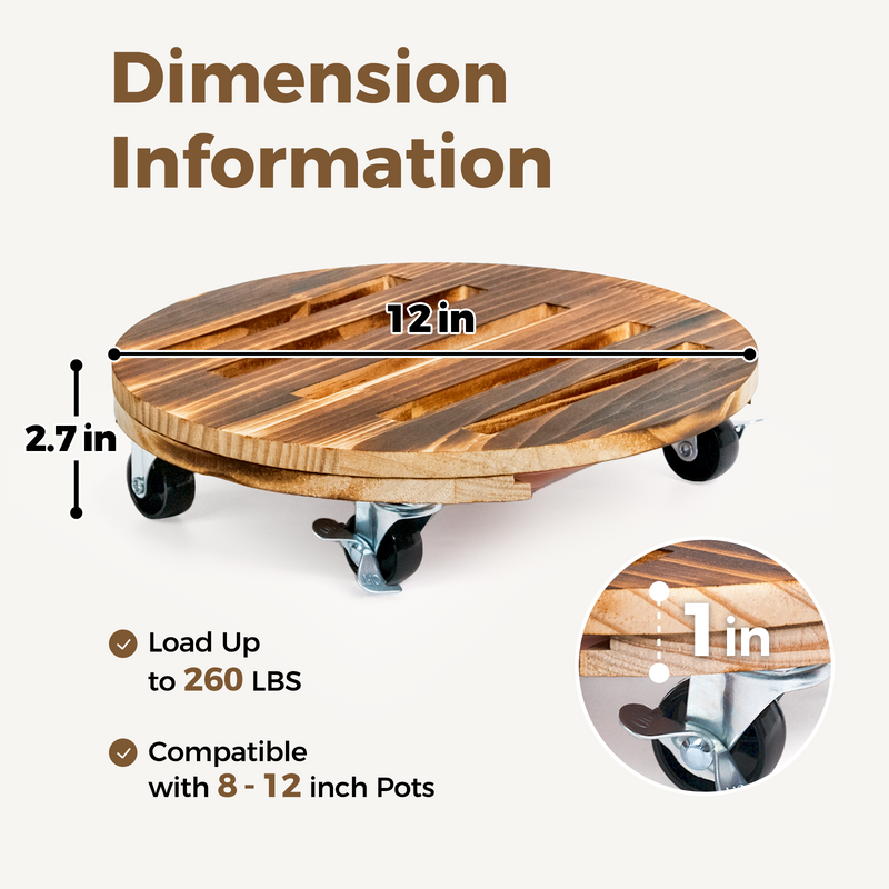 Bamworld Rolling Plant Stands with Wheels Plant Caddy with Wheels Planter Stand 12 Inch Pot Stand 2 Pack Plant Dolly with Drainage Tray Durable Wooden Design for Indoor Outdoor