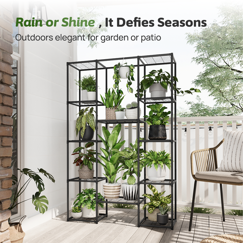 Plant Stand Metal Outdoor Indoor Tall Large Plant Shelf Hanging Plant Stand Waterproof Black Plant Rack Flower Holder for Living Room Patio Balcony Garden