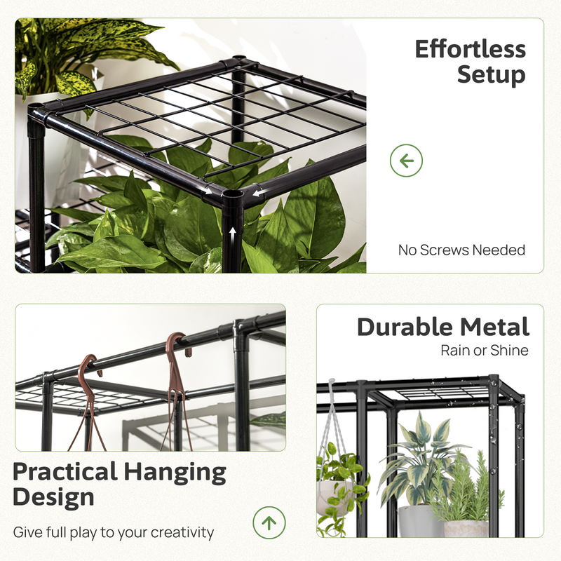 Plant Stand Metal Outdoor Indoor Tall Large Plant Shelf Hanging Plant Stand Waterproof Black Plant Rack Flower Holder for Living Room Patio Balcony Garden