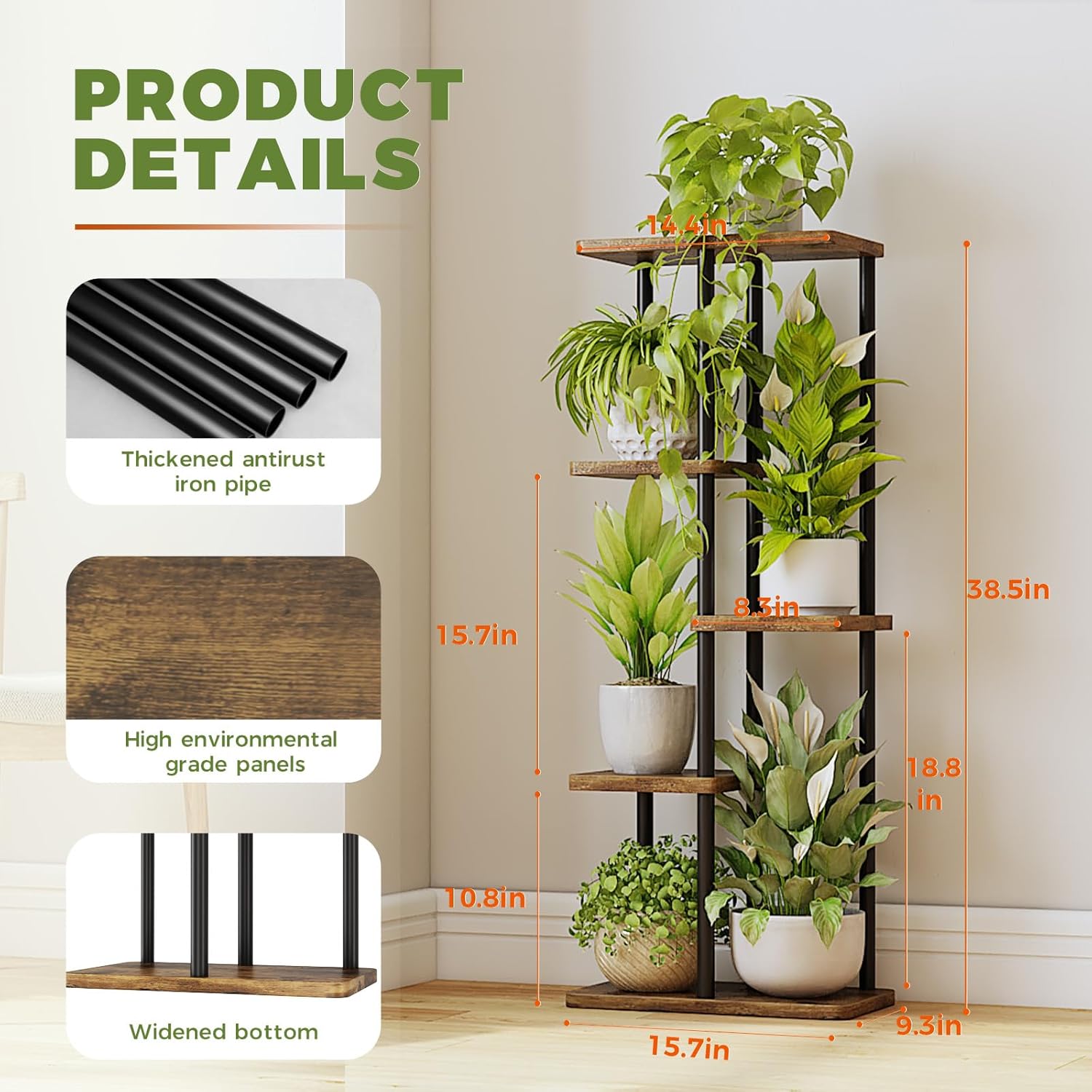 brown plant pots indoor Bamworld Corner Plant Stand Indoor 5 Tier Metal Plant Shelf Brown Plan