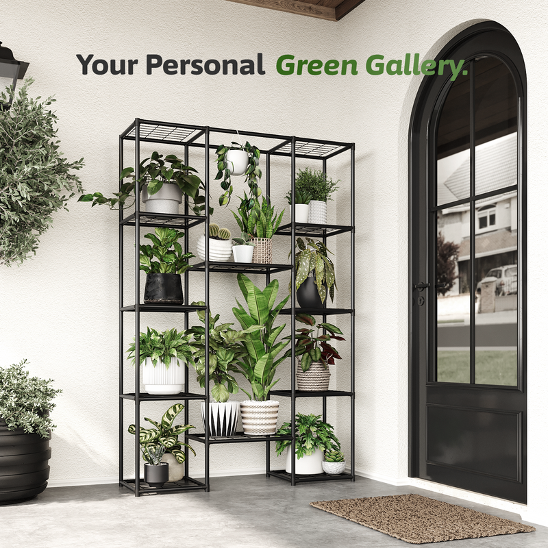 Plant Stand Metal Outdoor Indoor Tall Large Plant Shelf Hanging Plant Stand Waterproof Black Plant Rack Flower Holder for Living Room Patio Balcony Garden