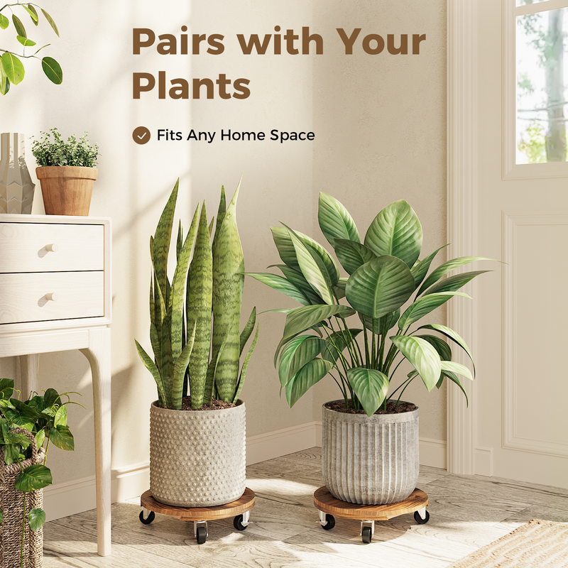 Bamworld Rolling Plant Stands with Wheels Plant Caddy with Wheels Planter Stand 12 Inch Pot Stand 2 Pack Plant Dolly with Drainage Tray Durable Wooden Design for Indoor Outdoor