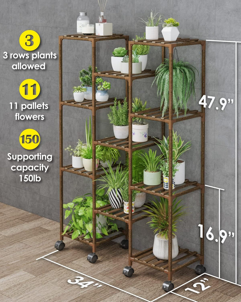 Bamworld Plant Stand With Wheels Indoor Outdoor Wood Plants Shelf for Multiple Plants 11 Pots,Tall Large Flower Holder for Living Room, Patio, Balcony, Garden