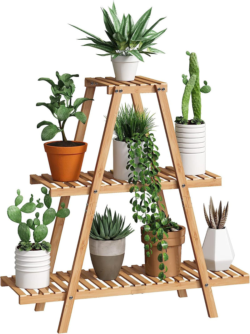 Bamworld Plant Stand Bamboo for Indoor Outdoor Tiered Plant Shelf 8 Potted Flower Holder Ladder Rack Garden Balcony Living Room Patio(3 Tier Natural)