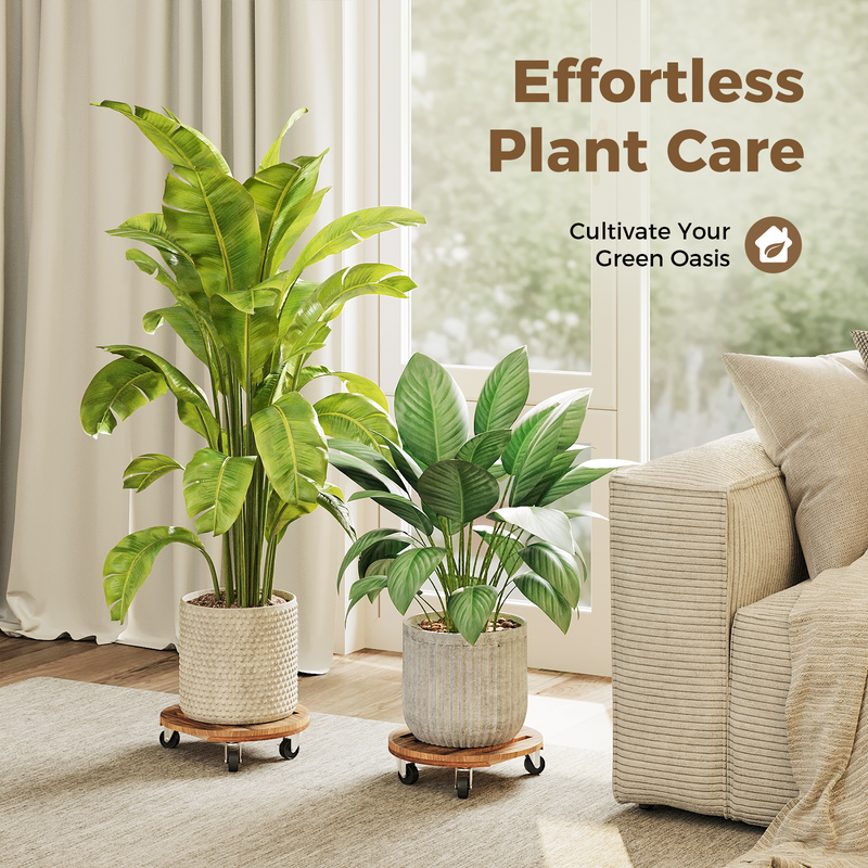 Bamworld Rolling Plant Stands with Wheels Plant Caddy with Wheels Planter Stand 12 Inch Pot Stand 2 Pack Plant Dolly with Drainage Tray Durable Wooden Design for Indoor Outdoor