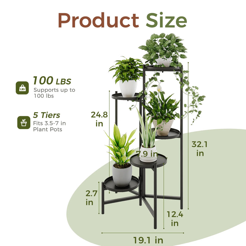 Bamworld 5 Tier Metal Plant Stand for Indoor Outdoor, Foldable Corner Tall Plant Shelf for Multiple Plants, Flower Pot Holder Display Stand for Living Room Balcony Garden Patio (Black)