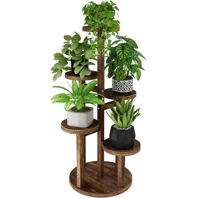 Bamworld 5 Tier Tall Plant Stand Indoor, Corner Wood Plant Shelf for Multiple Plants, Tiered Round Flower Stand for Patio Garden Balcony Living Room Bedroom